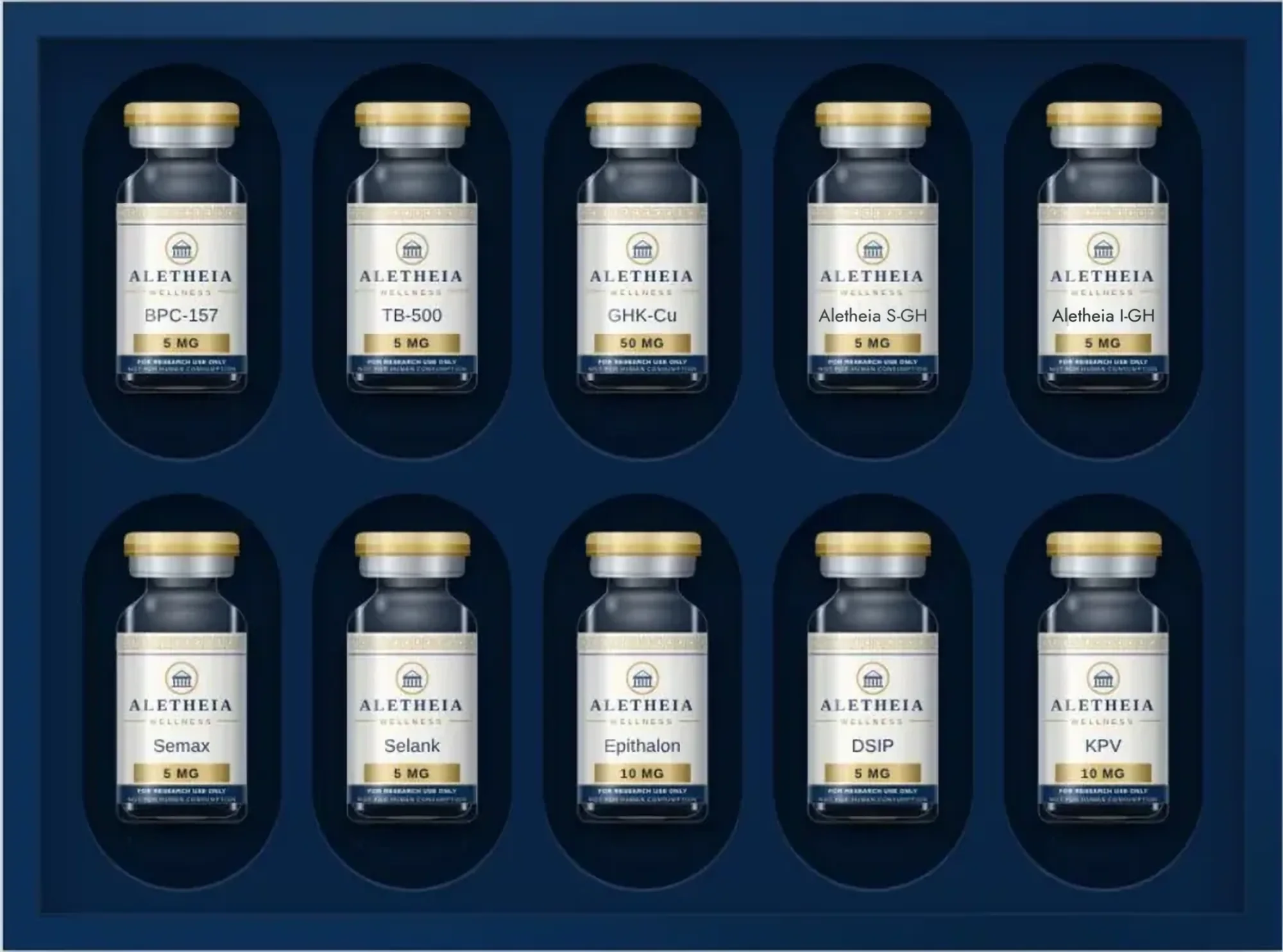 Ten Aletheia vials presented in a navy insert